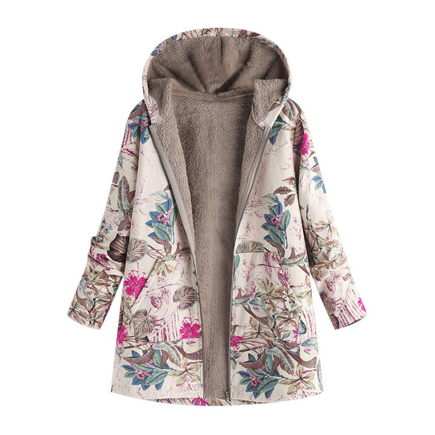 Modieuze dames vintage tussenjas met kleurrijke bloemenprint en functionele zakken, perfect voor casual outfits.