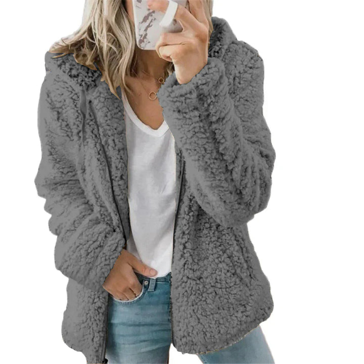 Dames warme pluche hoodie met capuchon en rits voor ultiem wintercomfort en een relaxte stijl.
