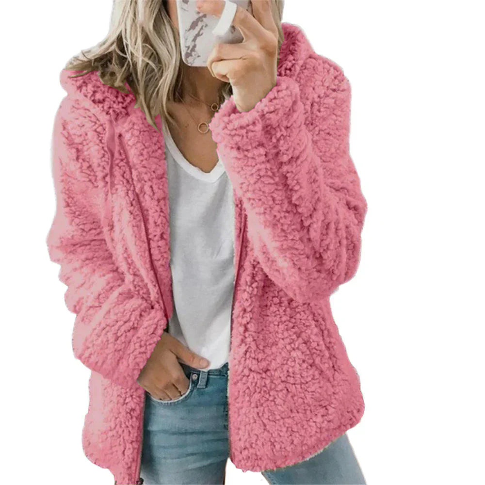 Casual dames hoodie van zacht pluche, met volledige rits en capuchon. Perfect voor koude dagen.
