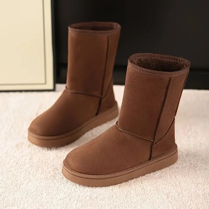 Bruine Aria dames winterlaarzen met warme fleecevoering, slip-on design en antislipzool, stijlvol en comfortabel.