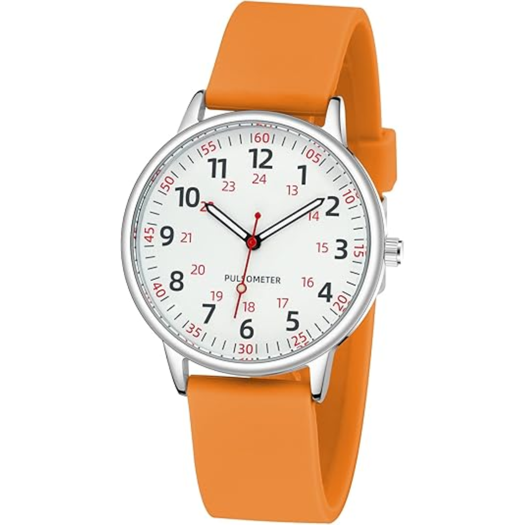 Modern waterdicht verpleegstershorloge, siliconen, analoog display, essentieel hulpmiddel voor zorgdames.