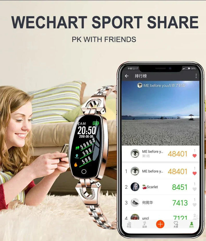 Duurzame waterdichte dames fitness armband met hartslag- en bloeddrukmonitor.