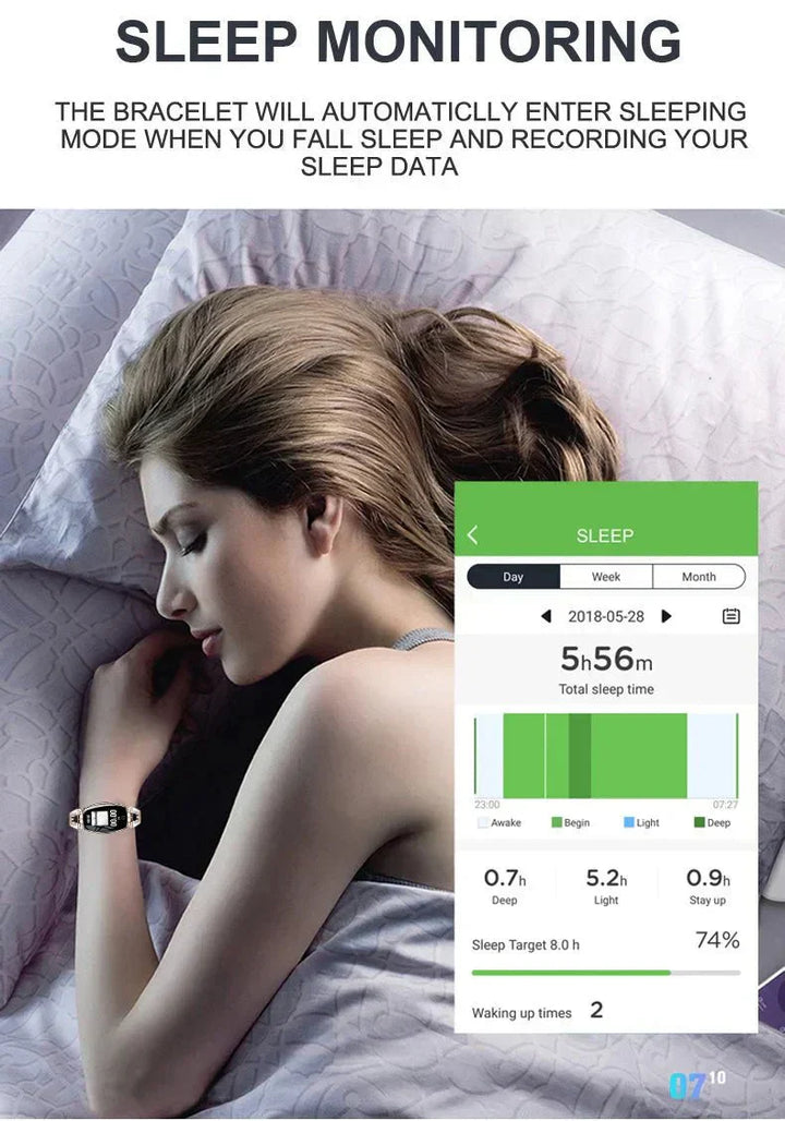 Dames fitness armband met bloeddruk monitor, hartslag en waterdicht ontwerp.