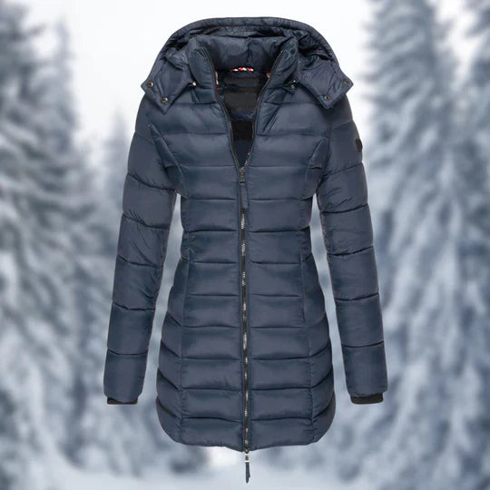Dames waterdichte halflange winterjas, stijlvol en warm voor koude winterdagen.