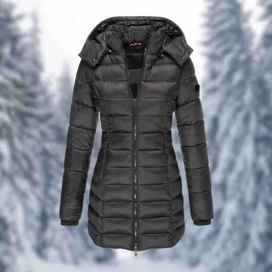 Functionele waterdichte dames winterjas, halflang model, biedt optimale bescherming tegen regen en kou.