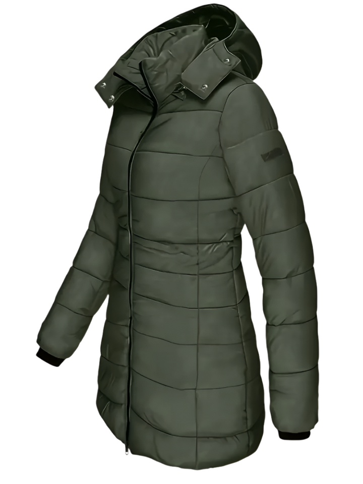 Halflange waterdichte damesjas, perfecte bovenkleding voor winterse omstandigheden, comfortabel en warm.