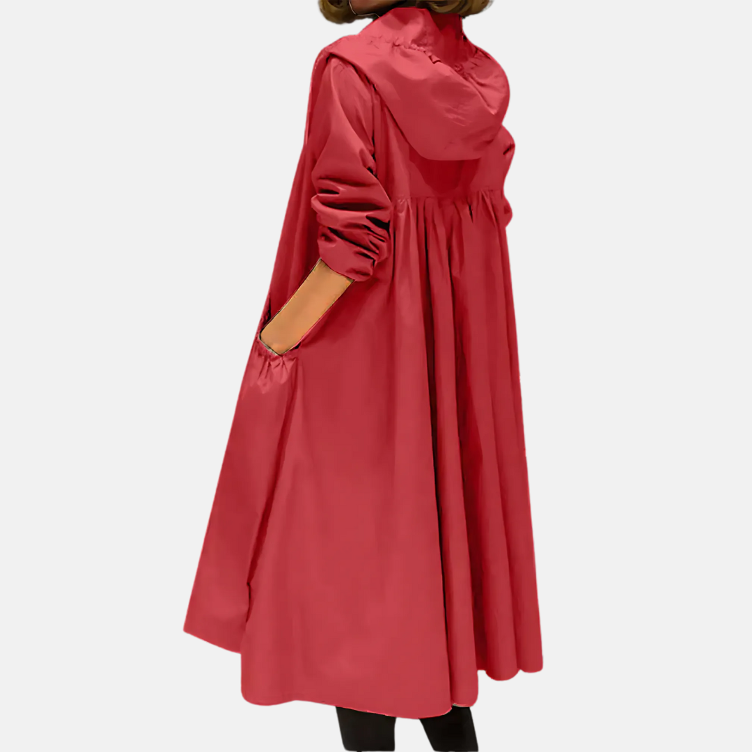 Knielange dames outdoor regenjas met praktische capuchon, waterdicht en ademend voor dagelijks gebruik.