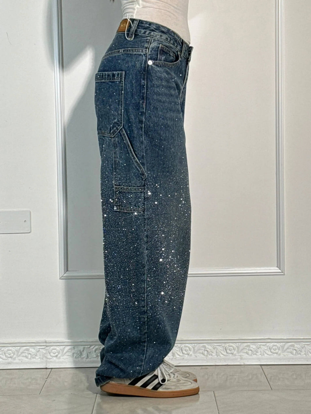Glamoureuze rhinestone wide leg jeans voor vrouwen. Comfortabele losse pasvorm, Y2K fashion.
