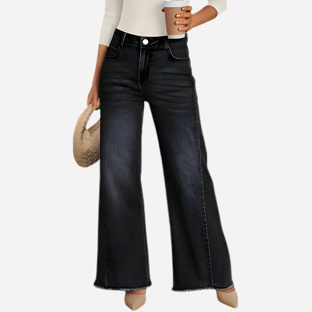 Dames wijde pijp jeans in haze blauw met trendy ruwe zoom. Comfortabele casual denim broek voor lente/zomer.
