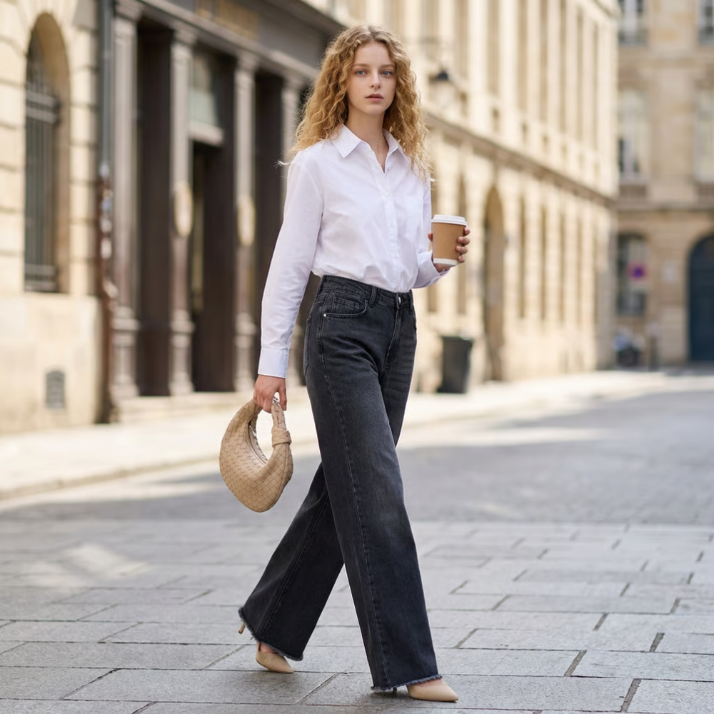 Modieuze zwarte dames wijde pijp jeans met rechte snit en hippe ruwe zoom. Ideaal voor een ontspannen look.