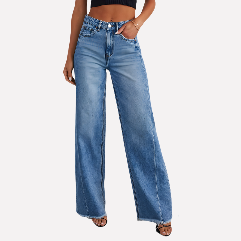 Comfortabele denim dames jeans met wijde pijpen en trendy ruwe zoom. Perfect voor dagelijks casual gebruik.