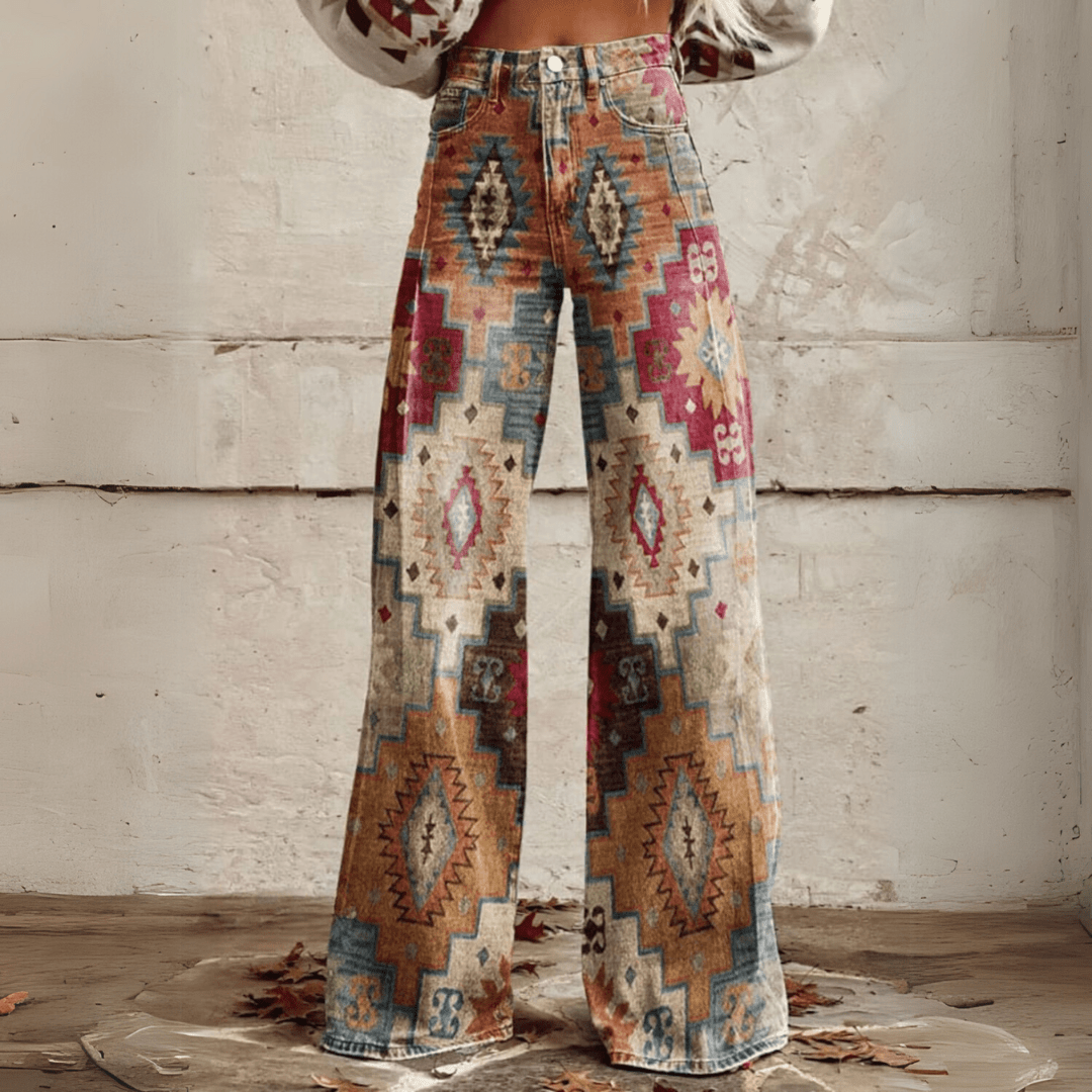 Dames wijde pijpen jeans met hoge taille en trendy bohemian print. Perfect voor een casual retro look.