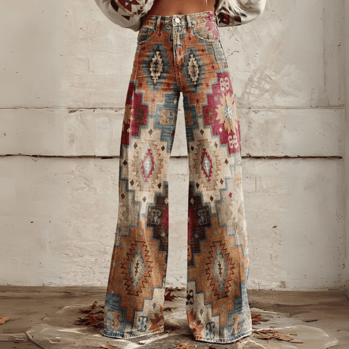 Dames wijde pijpen jeans met hoge taille en trendy bohemian print. Perfect voor een casual retro look.