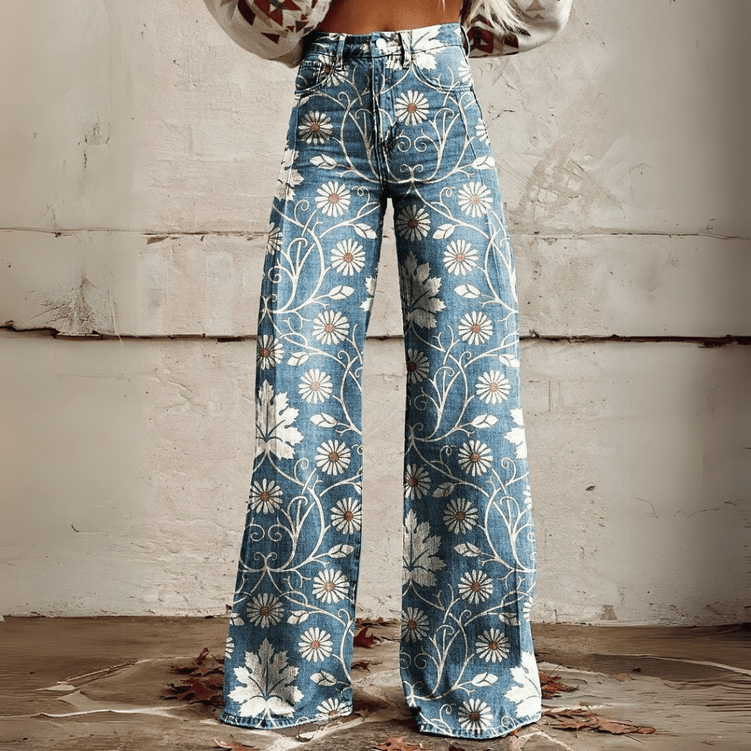 Moderne dames spijkerbroek met wijde pijpen en hoge taille, voorzien van een unieke trendy print.