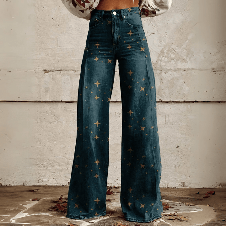 Dames retro jeans met wijde pijpen, hoge taille en artistieke print. Creëer een unieke vintage stijl.