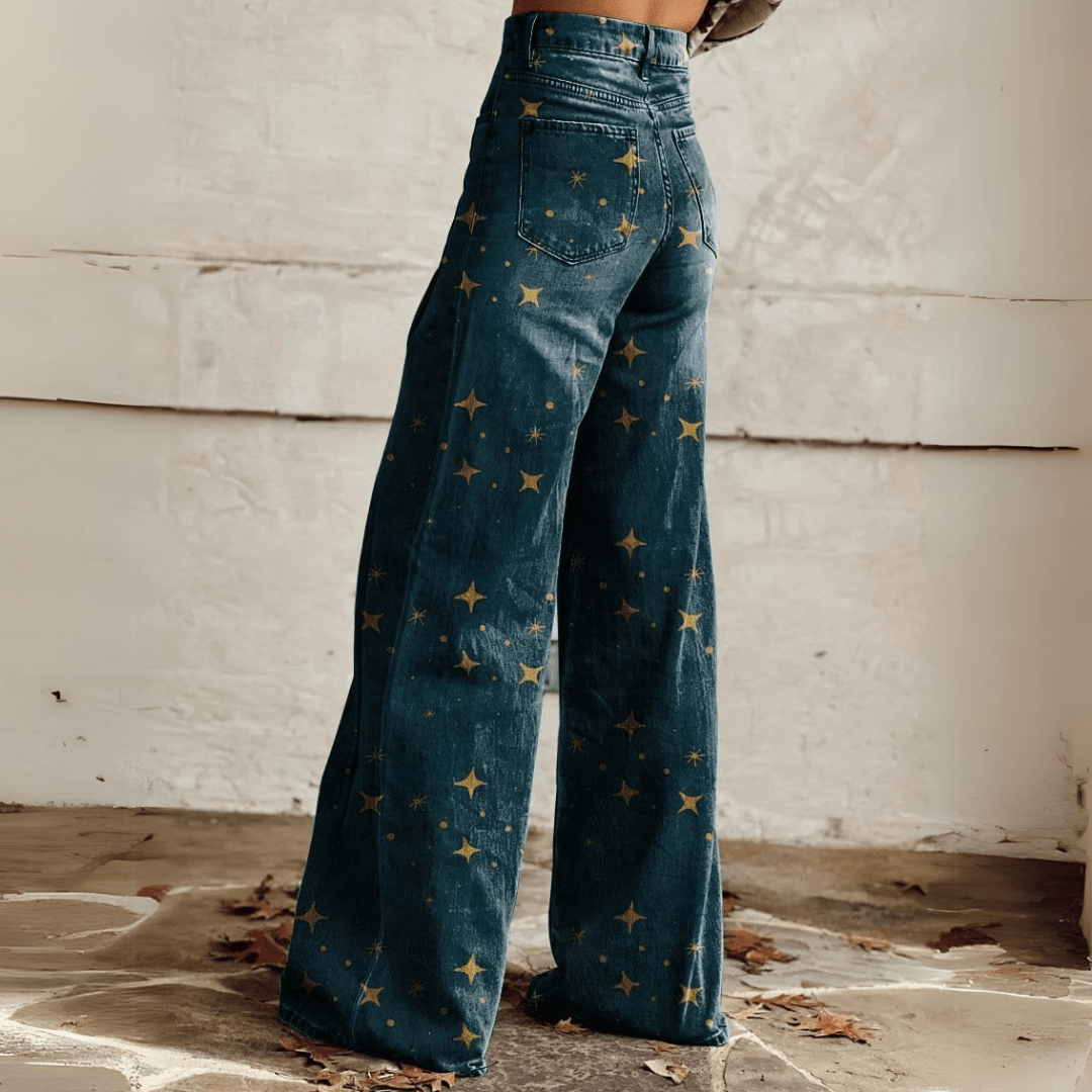 Stijlvolle dames flared jeans met hoge taille en hedendaagse print. Een must-have voor de modebewuste vrouw.