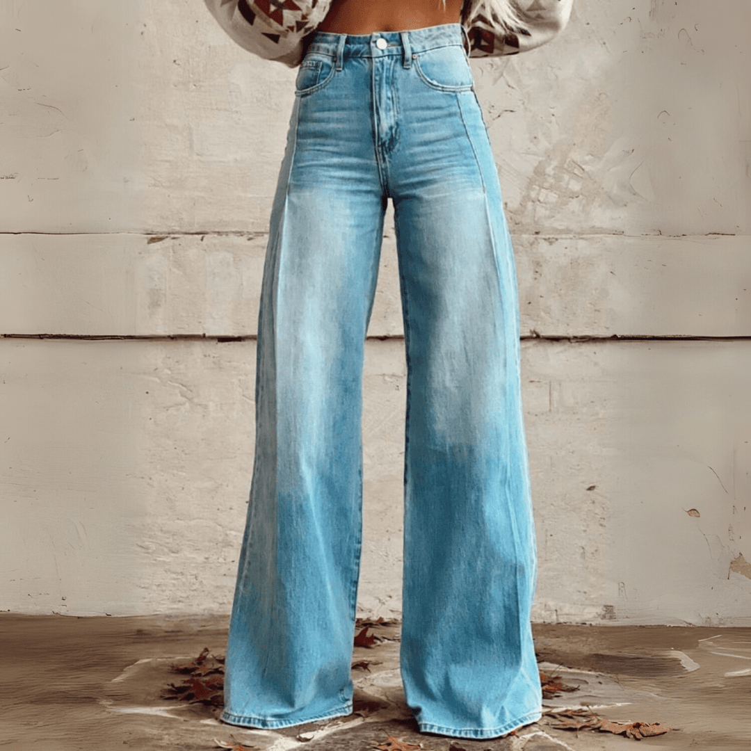 Dames jeans met wijde pijpen, hoge taille en trendy print. Spijkerbroek voor een casual boho stijl.