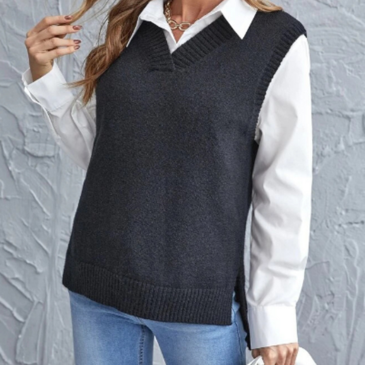 Dames zachte gebreide spencer met V-hals. Comfortabele, stijlvolle mouwloze trui voor een gelaagde look.