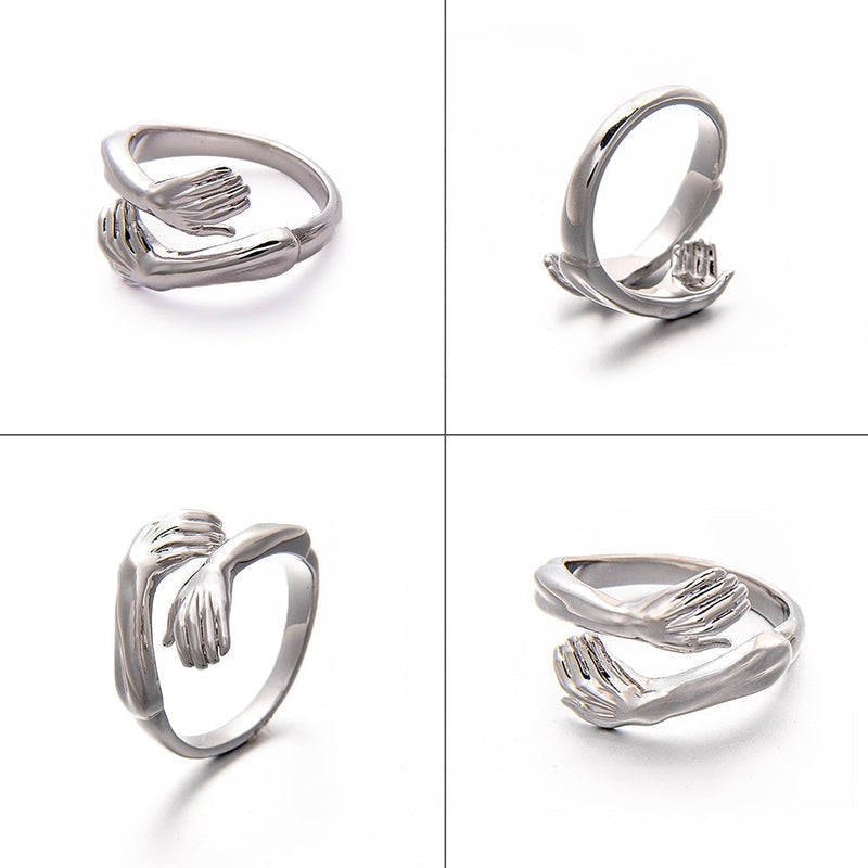 Romantische zilveren knuffelring voor dames. Perfect geschenk van liefde, verstelbaar en hypoallergeen sieraad.