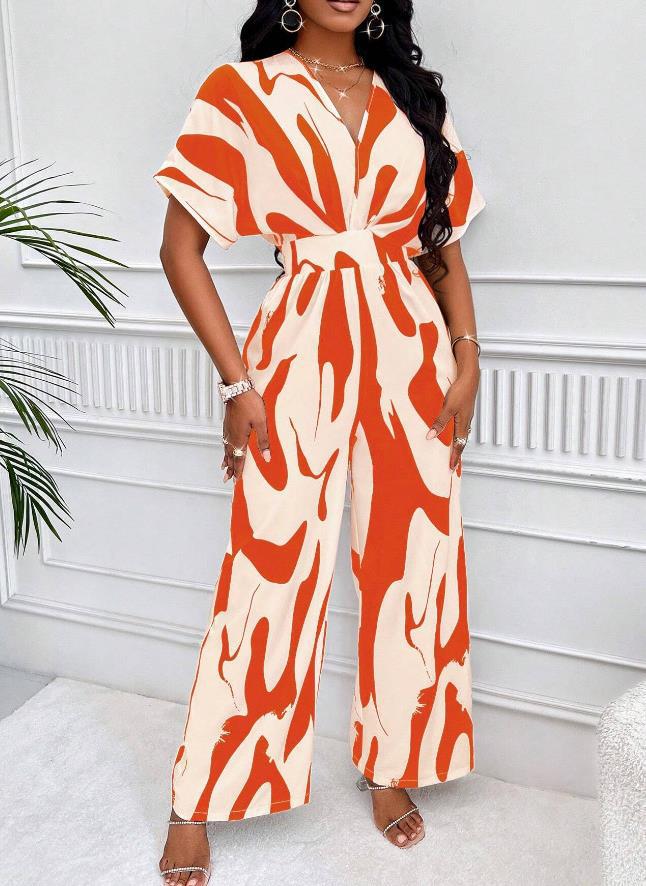 Noemi zomerse print jumpsuit voor dames: chique overall met diepe V-hals, comfortabel en veelzijdig.