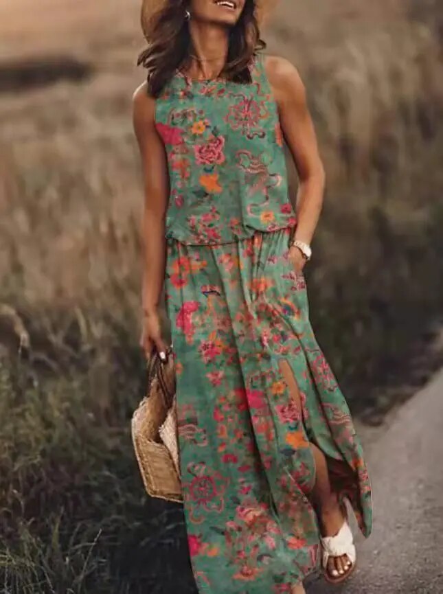 Vrouwelijke Amara dames maxi-jurk, een comfortabele zomerjurk met unieke snit en losse, elegante pasvorm.