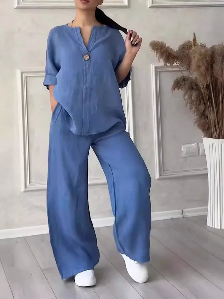 Dames Zomer Set Melina van linnen: luchtige blouse en wijde broek. Perfect voor warme dagen en reizen.