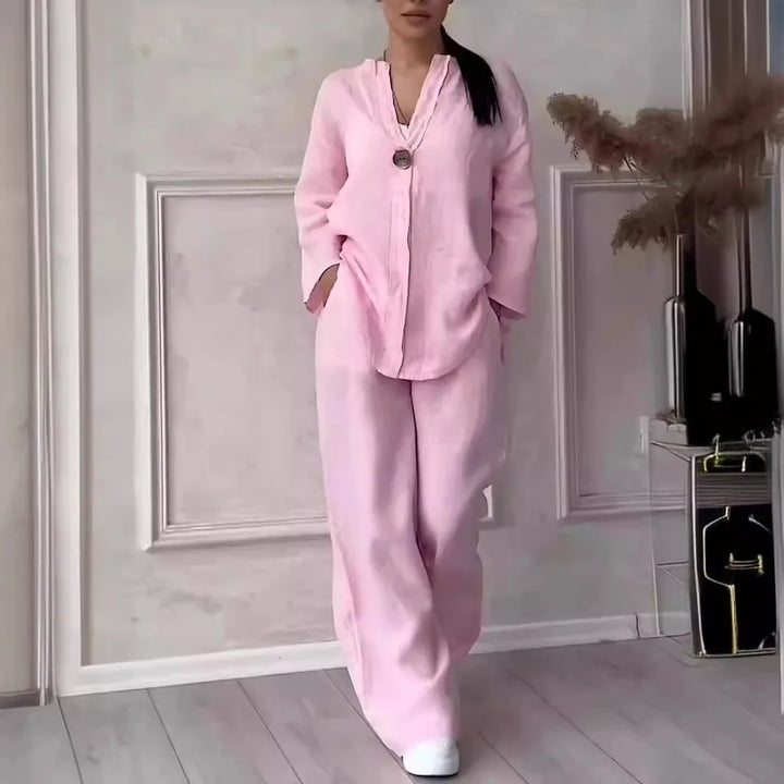 Casual elegante dames zomer set Melina. Modieuze linnen blouse en wijde broek voor een luchtige look.