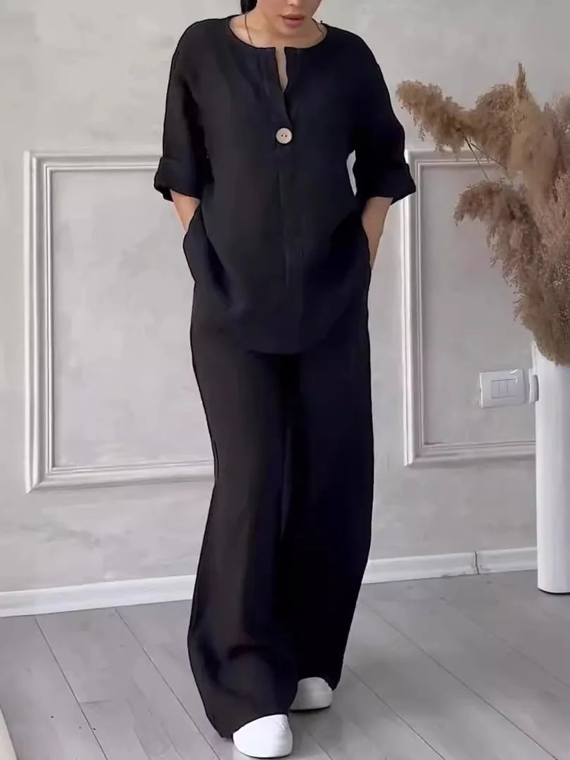 Dames zomer set Melina: ademende linnen blouse & weithose. De ideale comfortabele en stijlvolle reiskleding.