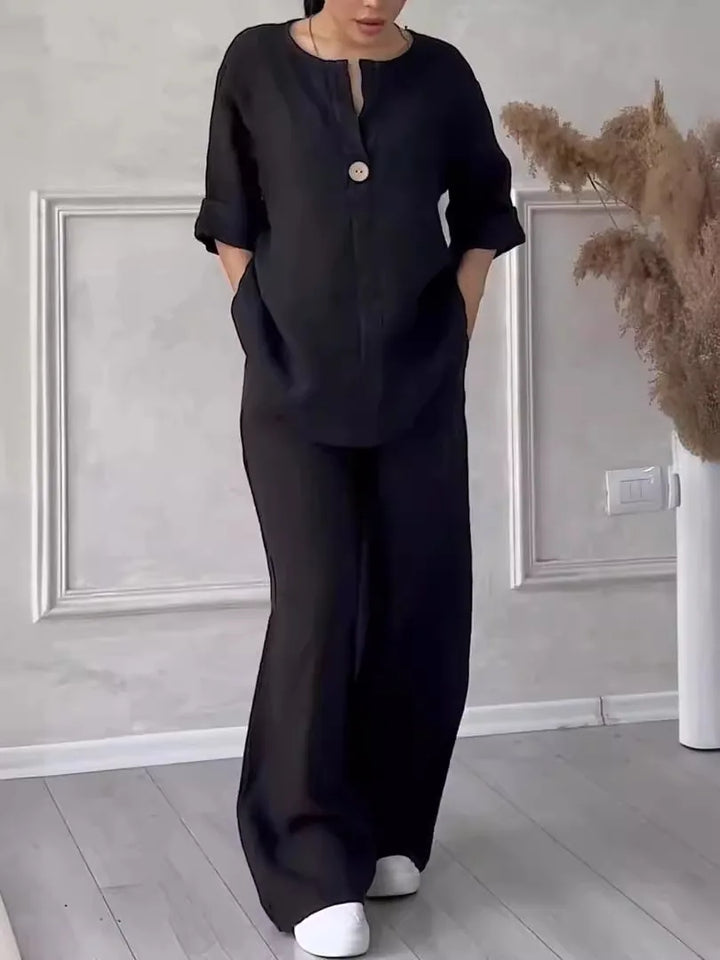 Dames zomer set Melina: ademende linnen blouse & weithose. De ideale comfortabele en stijlvolle reiskleding.