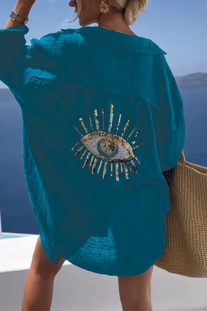 Bohemian stijl dames zomer tuniek Serena met unieke versierde achterkant. Luchtige kleding met lange mouwen.