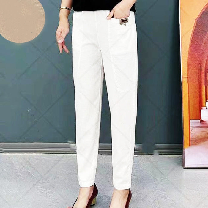 Dames zomerbroek Linnea met elastische band, rechte pasvorm. Comfortabele casual katoenen broek voor de zomer.