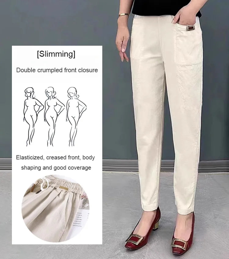 Lichte katoenen dames zomerbroek Linnea met elastische band. Rechte pasvorm, perfect voor warme zomerdagen.
