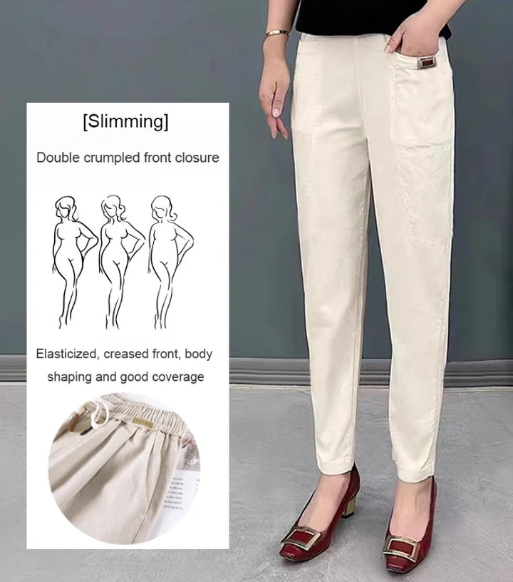 Lichte katoenen dames zomerbroek Linnea met elastische band. Rechte pasvorm, perfect voor warme zomerdagen.