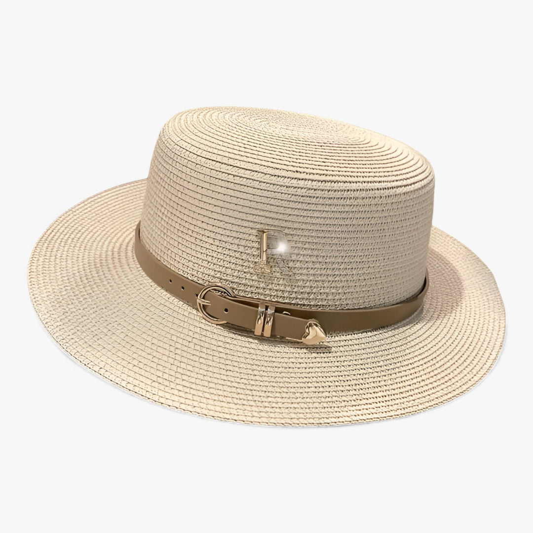 Veelzijdige damesmode zomerhoed Aurelle met platte top, een chique strandhoed die beschermt en elegantie toevoegt.