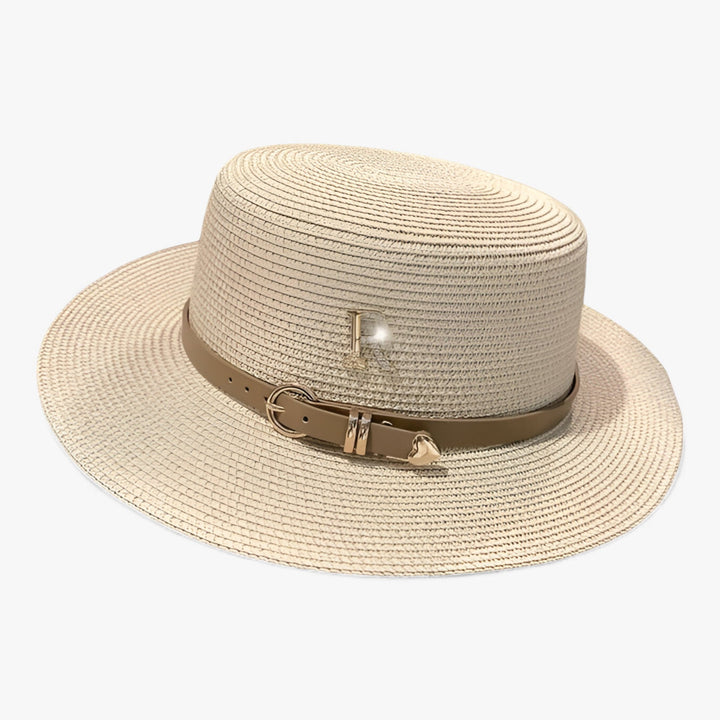 Veelzijdige damesmode zomerhoed Aurelle met platte top, een chique strandhoed die beschermt en elegantie toevoegt.