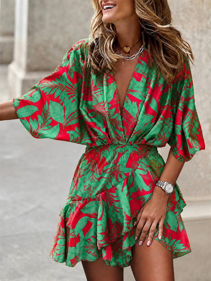 Volledige look van de vrolijke oranje en groene zomerjurk