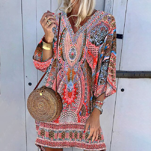 Eva™ Summer Dress: stijlvolle dames zomerjurk met vrolijke print, korte mouwen en ronde hals.