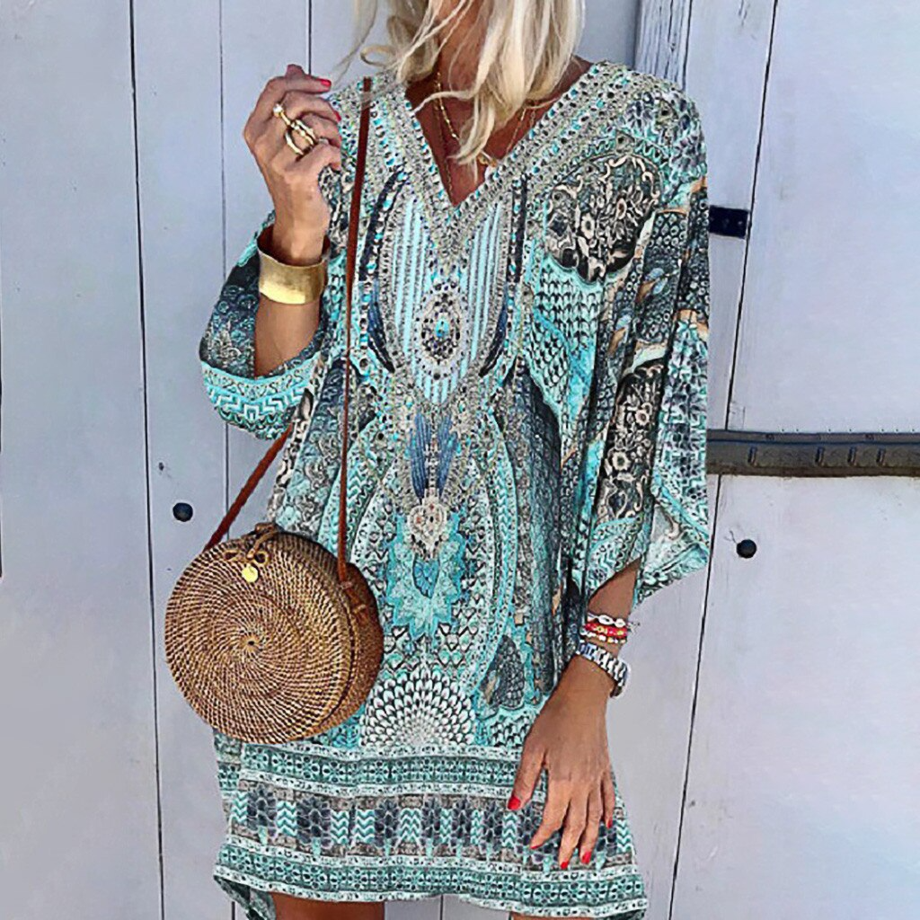 Stijlvolle dames zomerjurk (Eva™) met vrolijke print, korte mouwen en ronde hals. Perfect voor de zomer.
