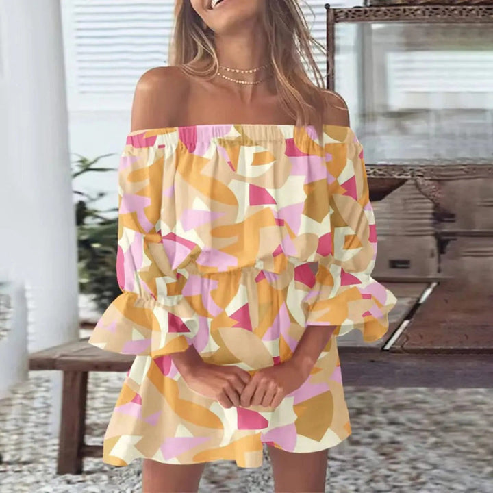 Modieuze dames zomerjurk met dynamische bloemenprint, v-hals en elegante uitlopende mouwen voor elke gelegenheid.