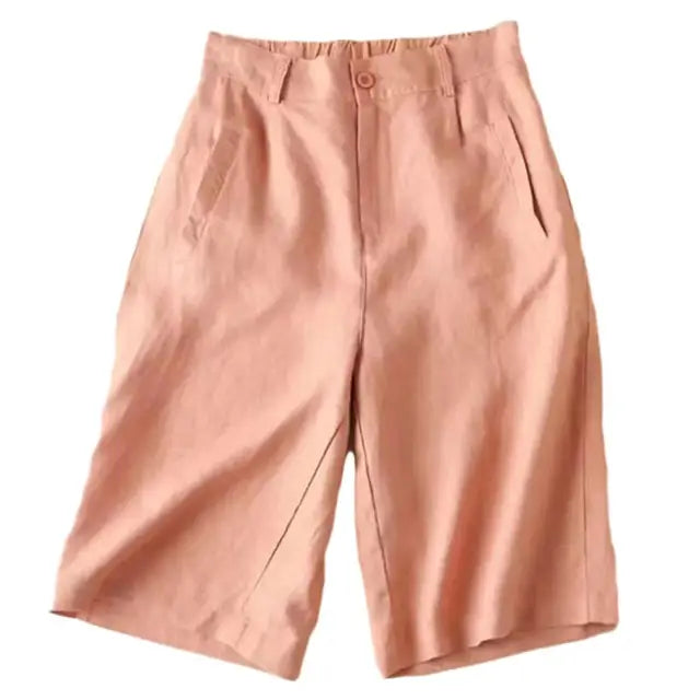 Dames zomershorts Elvira van linnen-katoen, knielengte. Stijlvol, comfortabel en ademend voor vrije tijd.