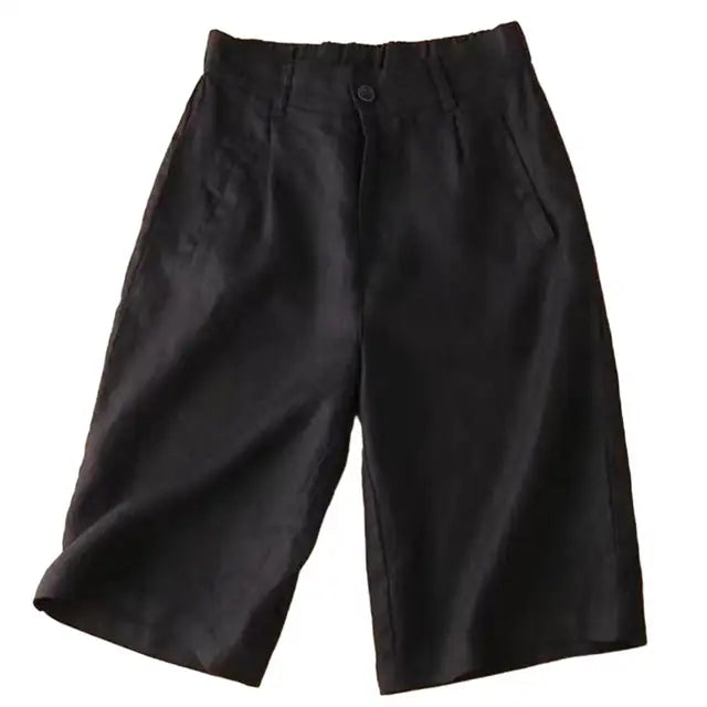 Losjes vallende effen dames zomershorts Elvira, knielengte. Comfortabele linnen-katoenen broek voor dames zomerkleding.
