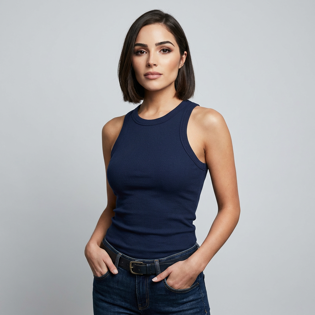 Dames zwarte racerback tanktop met hoge hals, slim fit, ideaal voor zomer en casual look.