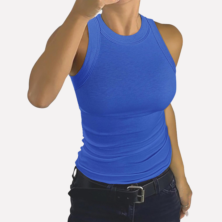 Elegante dames tanktop met hoge hals, racerback en slim fit, veelzijdig voor casual of geklede outfits.