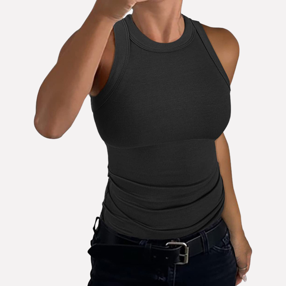 Stijlvolle dames mouwloze top met hoge hals en racerback design, veelzijdig en comfortabel.