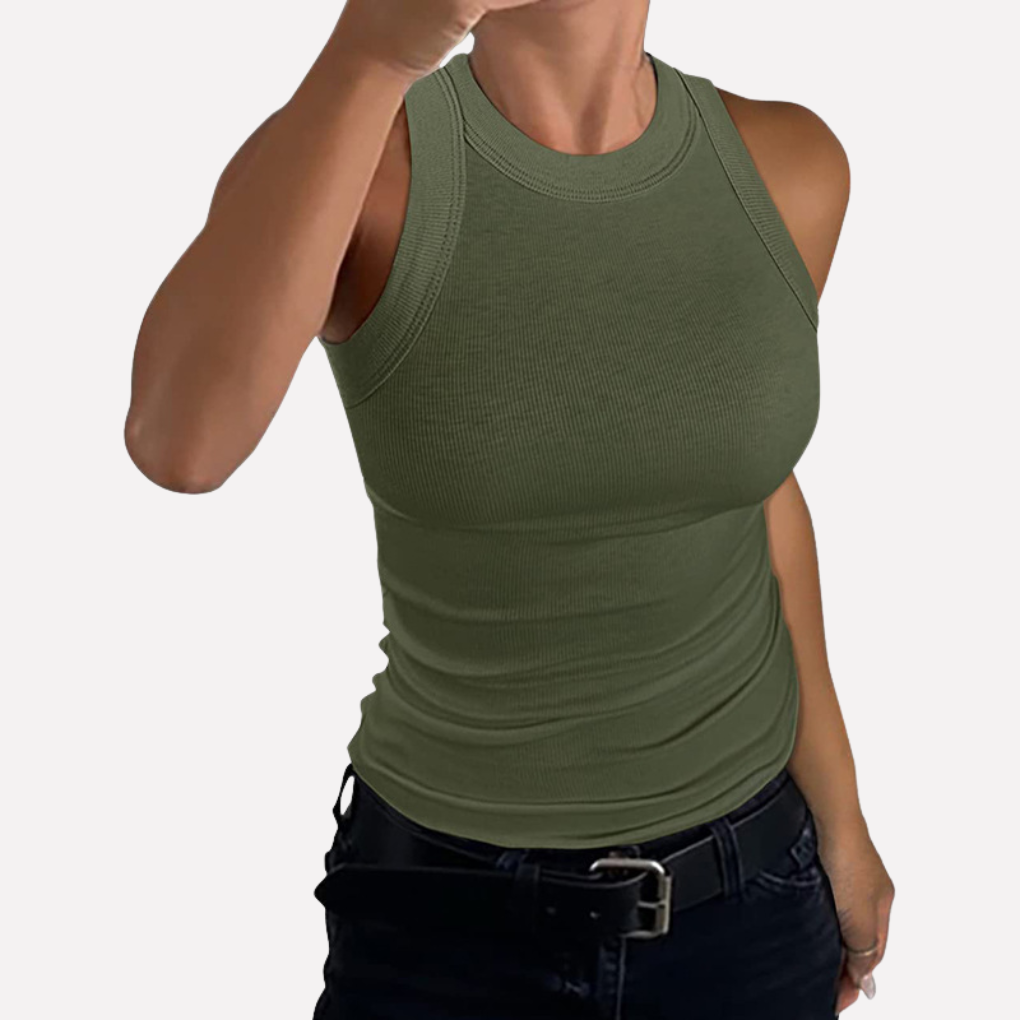 Veelzijdige dames tanktop met hoge hals, mouwloos en slim fit, ideaal voor elke gelegenheid.