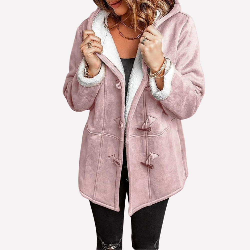 Stijlvolle dames winterjas met unieke togglesluiting en zachte capuchon, modieuze bovenkleding.