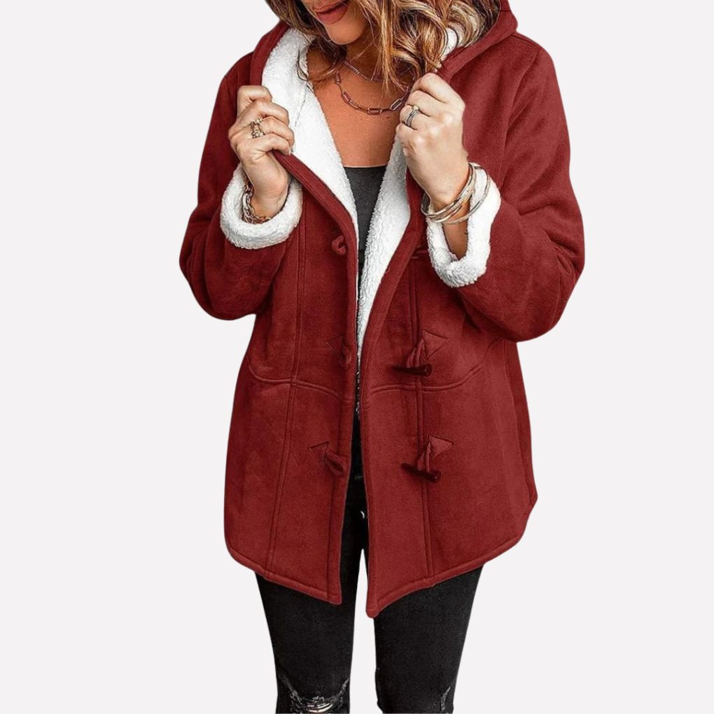Vrouwelijke herfstjas met comfortabele capuchon en modieuze toggles, casual en warm.