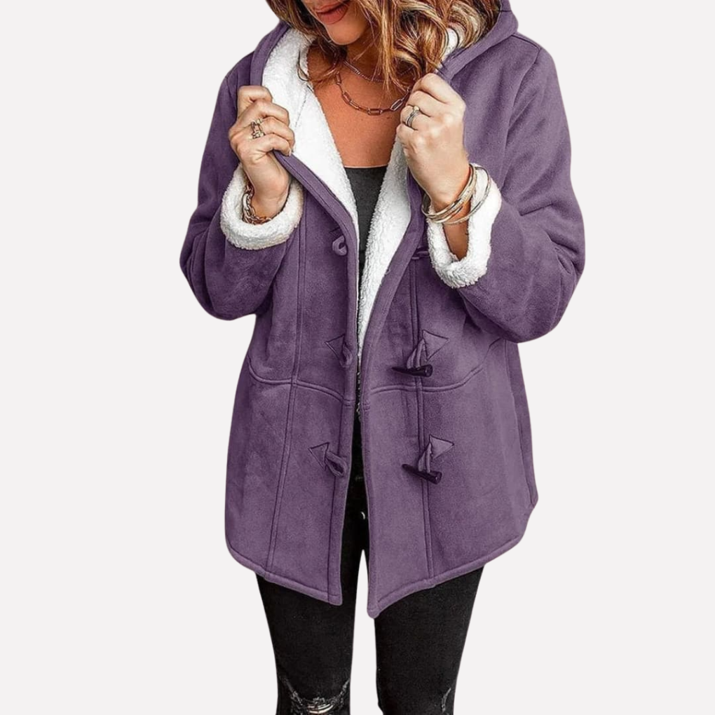 Warme damesjas met capuchon en chique togglesluiting, perfecte bovenkleding voor koud weer.