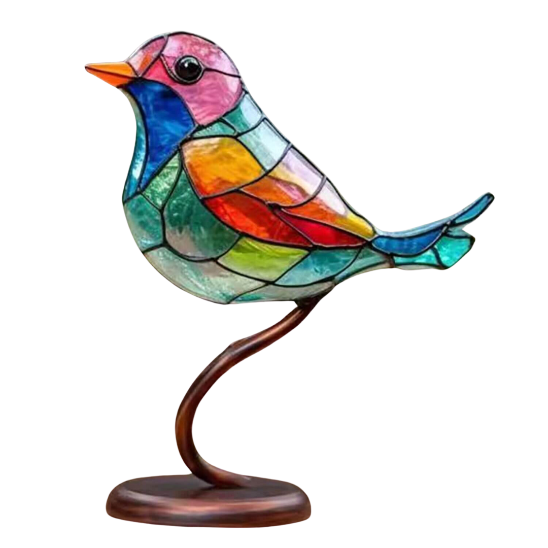 Decoratief beeld van vrolijke gekleurde vogels op een tak, levendig interieurkunstwerk.