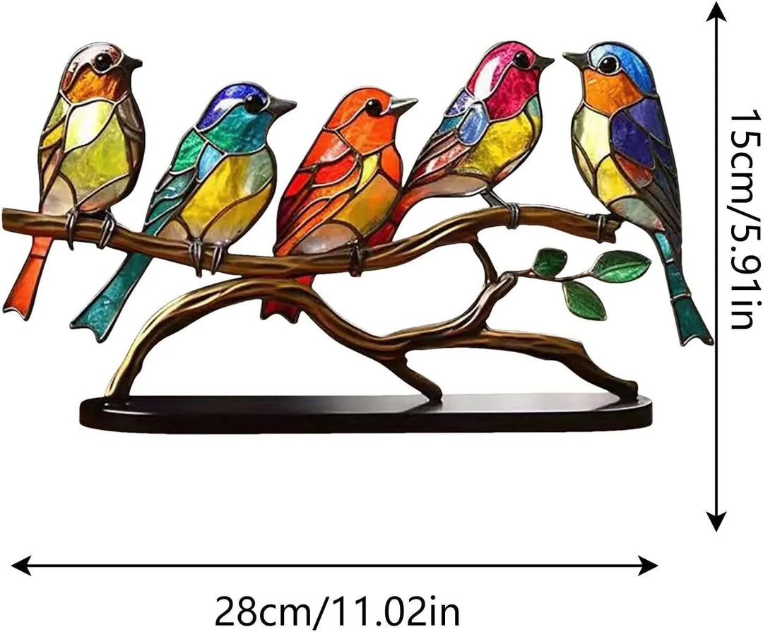 Decoratief kunstbeeld van kleurrijke vogels op tak, een uniek en vrolijk cadeau of woonaccessoire.